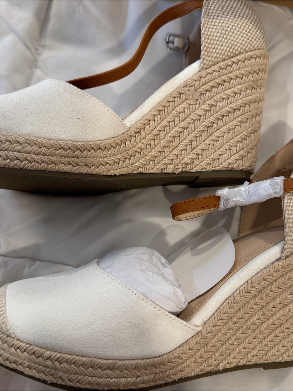 Women’s White Espadrille Wedge Sandals with Tan Ankle Strap